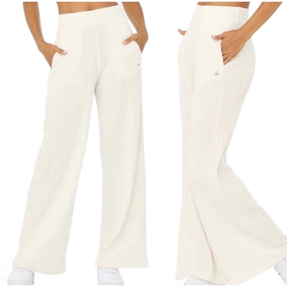 ALO Yoga Pants - Alo Yoga Take Comfort Ribbed Wide Leg Sweatpants Womens S Bone Ivory High Rise